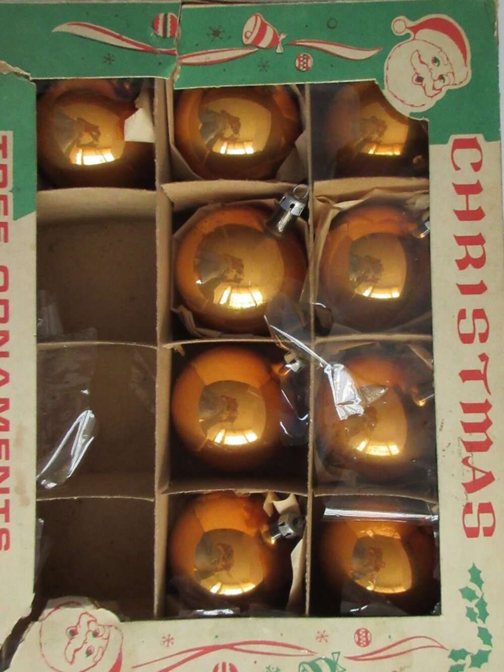 Fantasia Glass Christmas Ornaments Poland 2" Gold Santa Box 9pc Vintage